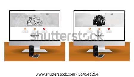 Pair of computer screens with different black friday web templates