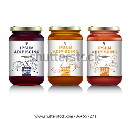 Glass jar with with jam, configure or honey. Vector illustration. Packaging collection. Label for jam. Bank realistic. Mock up  mason jar with design label or badges Royalty-Free Stock Photo #364657271