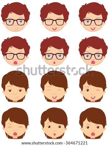 Brunet girl and spectacled boy emotions: joy, surprise, fear, sadness, sorrow, crying, laughing, cunning wink. cartoon illustration