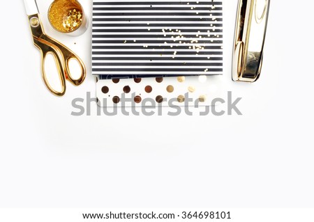 Woman Desktop. Header website or Hero website, Mockup product view table gold accessories. stationery supplies. glamour style. Gold stapler. .