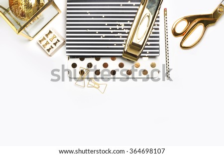 Woman Desktop. Header website or Hero website, Mockup product view table gold accessories. stationery supplies. glamour style. Gold stapler. .