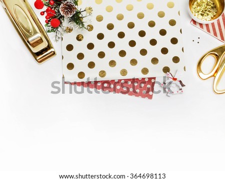 White Desktop. Header website or Hero website, Mockup product view table gold accessories. stationery supplies. glamour style. Gold stapler. .