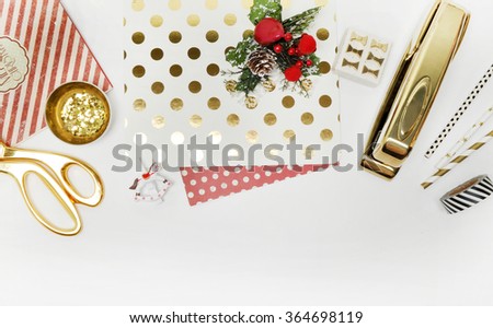  Header website or Hero website, Mockup product view table gold accessories. stationery supplies. glamour style. Gold stapler. white horse. polka gold .