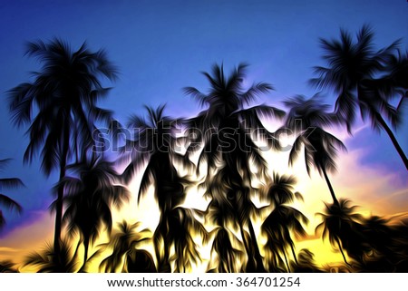Sunset through Coconut Trees Oil Paint Effect Wallpaper / Background