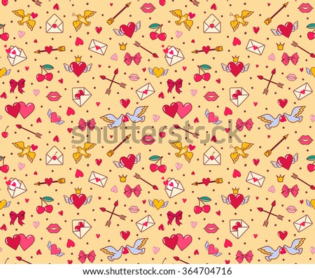 Valentine's Day. Seamless pattern for valentine's day. Vector background. Heart, arrow, bow, dove, cherry lips, kiss, crown, etc Gift Wrap. Love pattern. With love! For your design. Love backgrounds.