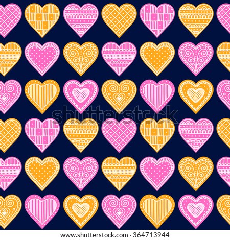 Vector seamless pattern with hand drawn hearts with doodle ornament. For Valentines day design.