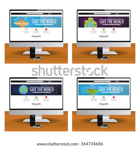 Set of computer screens with different ecological web templates