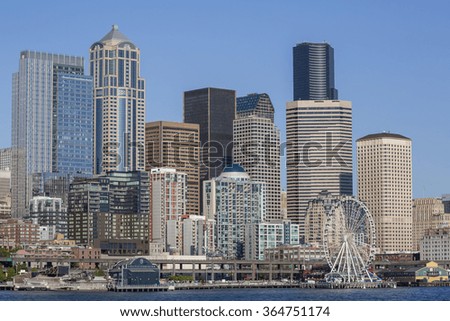 A view from Puget Sound of the downtown area of the seaport city of Seattle, King County, Washington State, United States of America, North America