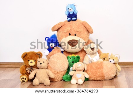 Teddy bear having fun. Many bear toys playing, one big happy family of bear toys