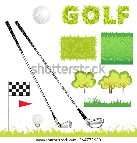 Sport elements can use for design. Golf icon set. Vector Set Golf Equipment Icons. Golf collection include: grass, bush, flag, hole,ball, tee, stick, club