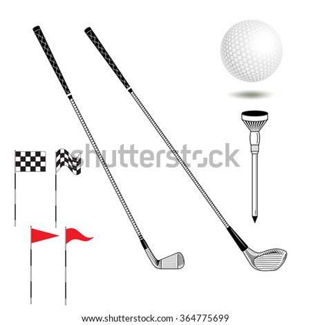 Golf icon: iron and wood club, ball, flags, tee on isolated. Vector golf equipment in graphic style. Set of golf icon. Can use for poster, banner, flyer, web