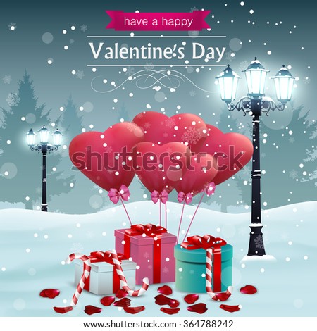Beautiful Valentines day card width street lights heart shape balloons and presents with candy cane, winter background.