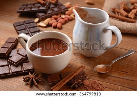 hot chocolate in the cup on the wooden table
