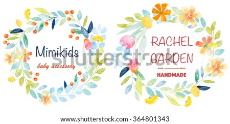 Watercolor floral Logos. Clipping path included. Fast isolation. Hi-res file. Hand painted. Raster illustration.