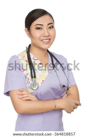 Trust me with your health. Vertical studio shot of a young attractive Asian female doctor smiling to the camera against white background