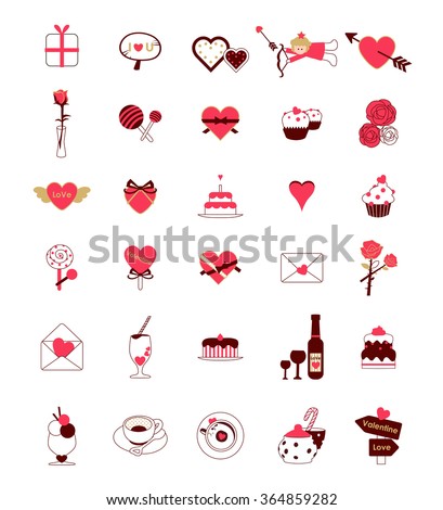 Design elements and icons for Valentine's day in a simple graphic style with sweet colors
