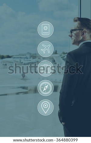 Waiting for his flight. Digitally composed icon set over a picture of businessman standing near window in airport