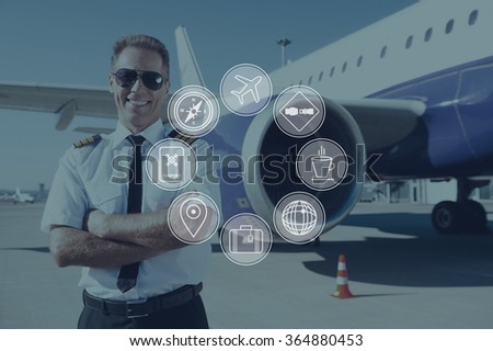 Forward to new travel destinations. Digitally composed icon set over a picture of smiling pilot standing in front of the plane