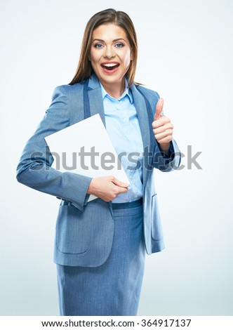 Business woman show thumb up. Smiling model hold blank board. Isolated studio portrait.