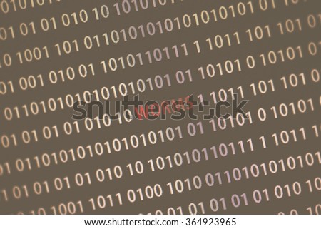 'Worms' word in the middle of the computer screen surrounded by numbers zero and one. Image is taken in a small angle. Image has a vintage effect applied.