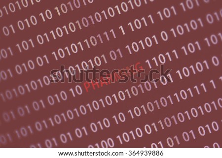 'Pharming' word in the middle of the computer screen surrounded by numbers zero and one. Image is taken in a small angle. Image has a vintage effect applied.
