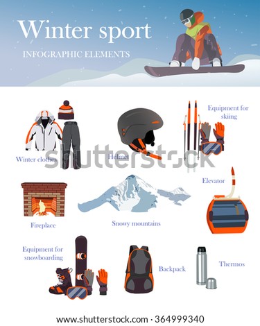 Vector set of Ski and Snowboard equipment icons and banner. Winter sports equipment isolated elements set in flat design style. Cable car.