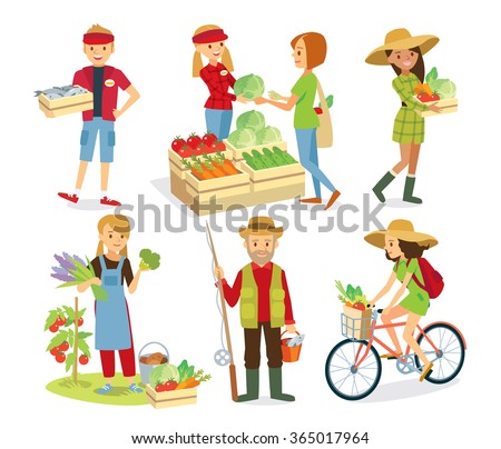 vector set of people in the farm market with organic food