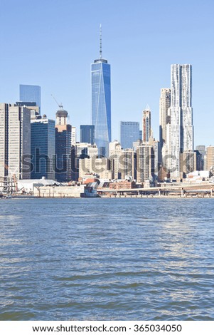 Manhattan building seen from Brooklin. One World trade center on the middle.