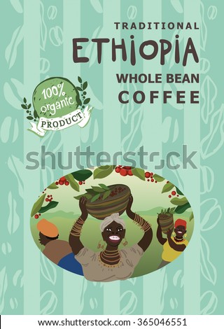 Vector coffee label with hand drawn illustrations in naive style. Coffee production in Ethiopia