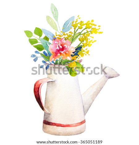 Watercolor floral composition. Jug with flowers. Clipping path included. Fast isolation. Hi-res file. Hand painted. Raster illustration.