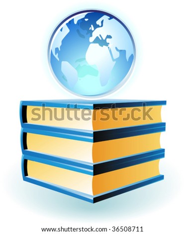 Blue globe on books. Vector illustration.