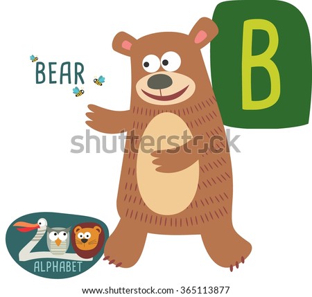 Cute zoo alphabet in vector. B Letter for Bear Funny cartoon animals. Alphabet design in a colorful style. 