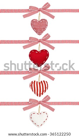Set of red white ribbon in a strip, with bows and the hearts, isolated on white background