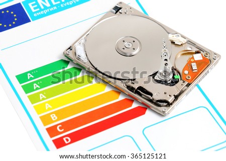 Open  computer hard disc and energy efficiency chart