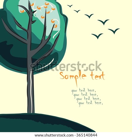 Card  with warm tones with a picture of a tree and birds. vector postcard with space for inscriptions