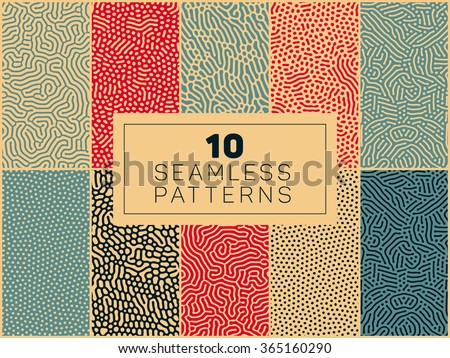 Set of Ten Vector Seamless Organic Rounded Lines And Drips Biological Patterns In Blue Red and Tan Colors Abstract Background Royalty-Free Stock Photo #365160290