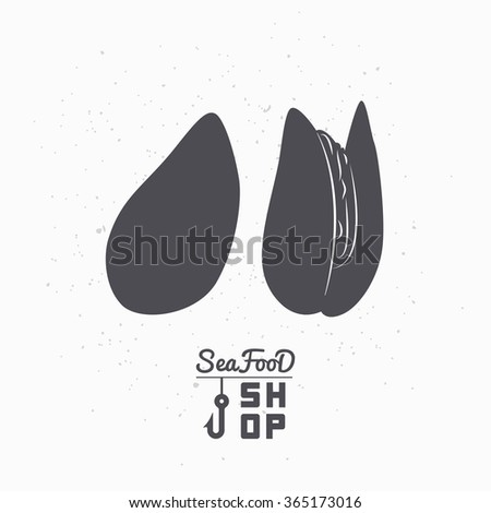 Mussels silhouette. Seafood shop logo branding template for craft food packaging or restaurant design. Vector illustration