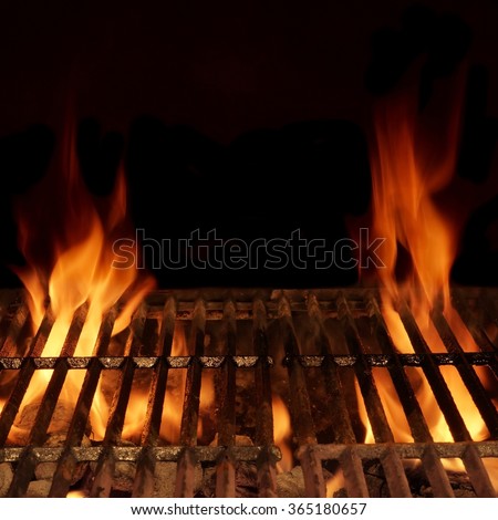 Empty Hot Charcoal Barbecue Grill With Bright Flame Isolated On Black, Frame Square Background Texture. Party, Picnic, Braai, Cookout Concept