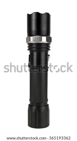Black metallic flashlight isolated on white background