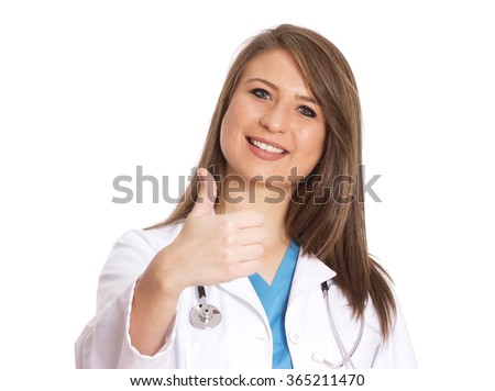 Portrait of a beautiful young female doctor isolated on white