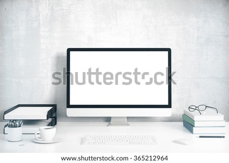 Blank screen on the desktop computer with books and cup of coffee, mock up 3D Render Royalty-Free Stock Photo #365212964