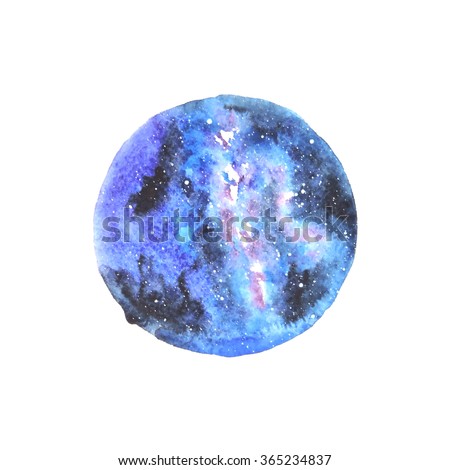 Watercolor milky way night sky in circle shape isolated on white background. Can be used for postcards, banners, posters, prints.
