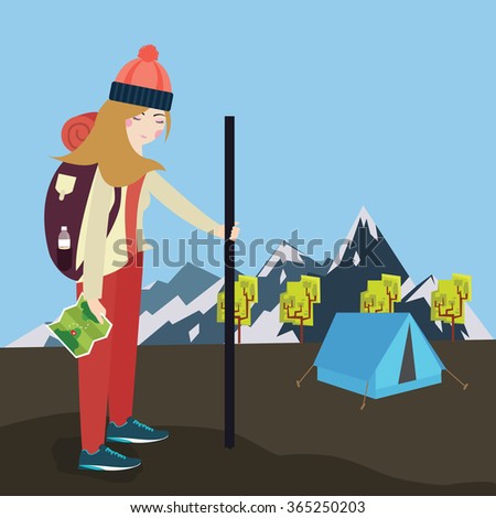 girls go hiking mountain tent bring bag and map