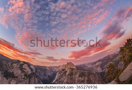 Fisheye lens photo of a sunset above Half Dome, Yosemite National Park, USA.