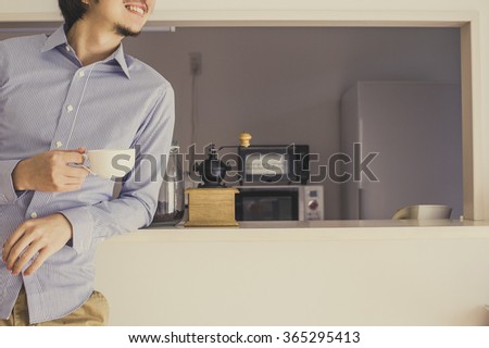 Counter kitchen, coffee time, Japanese men