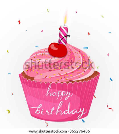 Happy birthday cake with candle and confetti