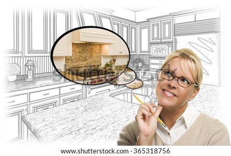 Creative Woman With Pencil Over Custom Kitchen Drawing and Thought Bubble Photo Combination.