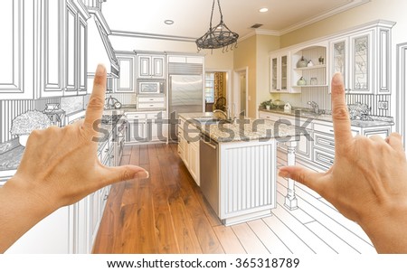 Female Hands Framing Gradated Custom Kitchen Design Drawing and Photo Combination.