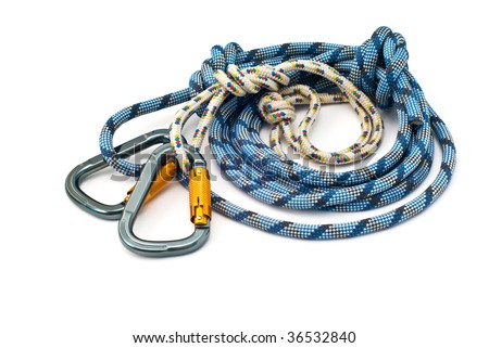 Isolated new climbing equipment - carabiners without scratches and blue rope Royalty-Free Stock Photo #36532840