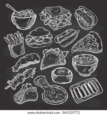 Set of various food in sketchy style on chalkboard background